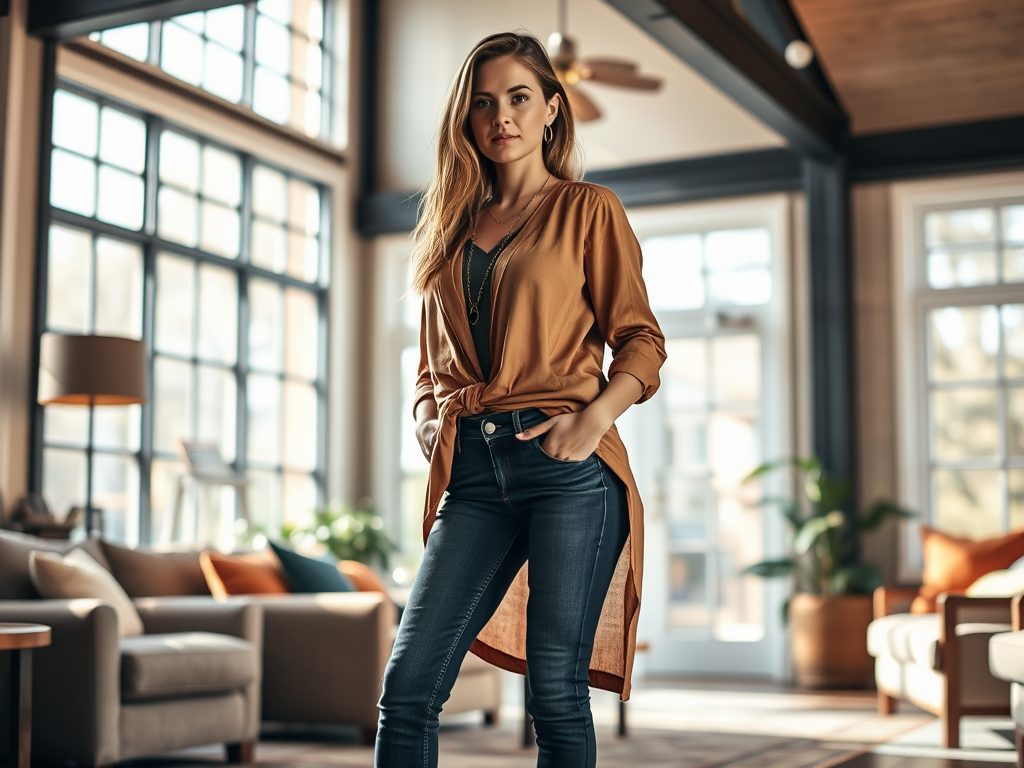 Een vrouw in een bruine blouse en jeans staat in een lichte, moderne woonkamer met grote ramen.