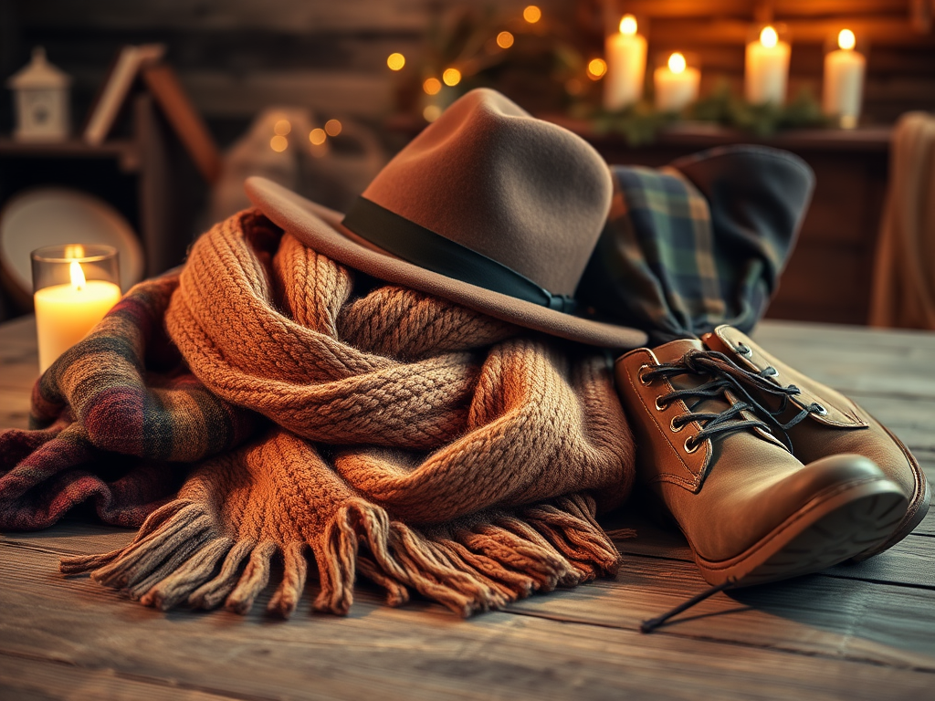 Een hoed, sjaal, en schoenen op een houten tafel met kaarslicht op de achtergrond, perfect voor de winter.