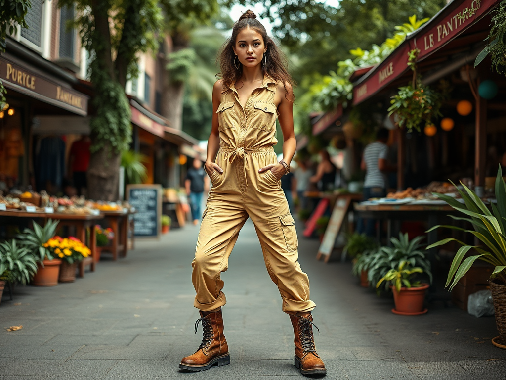 Een vrouw in een geel overall en stevige boots poseert in een levendige marktscene met planten en kraampjes.