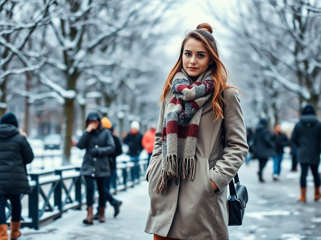 Een vrouw in een winterjas en sjaal staat op een besneeuwde straat tussen wandelaars.