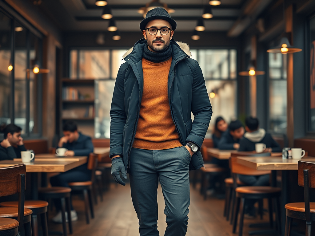 Een man in een café met een donkere jas en een oranje trui, omgeven door andere klanten die aan het praten zijn.