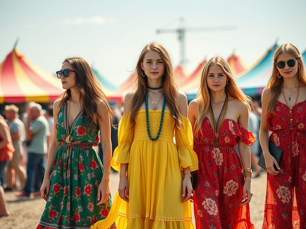 Vijf vrouwen in kleurrijke jurken lopen over een festivalterrein met tenten op de achtergrond.