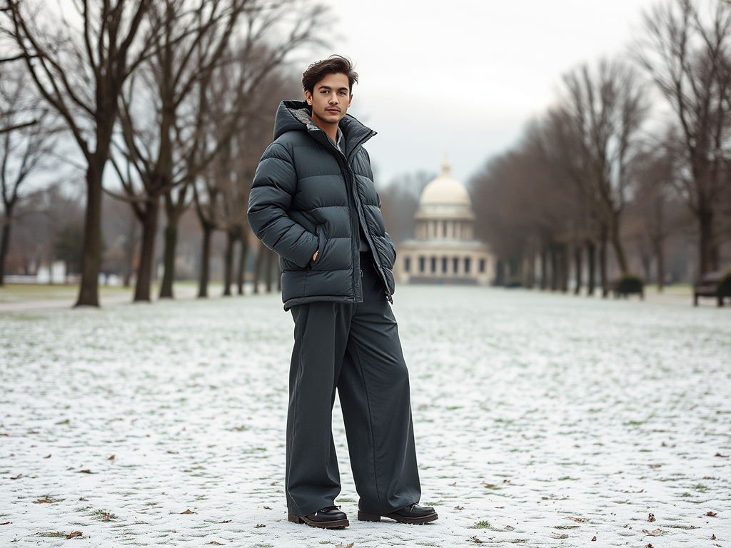 Jongen in pufferjack en brede broek staat in een sneeuwbedekt park met een monument op de achtergrond.