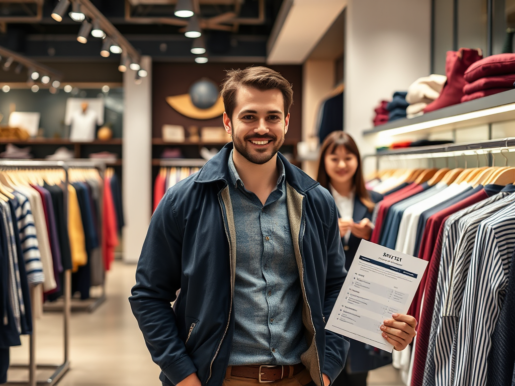 Een man glimlacht terwijl hij een document vasthoudt in een modewinkel met gekleurde kledingrekken op de achtergrond.