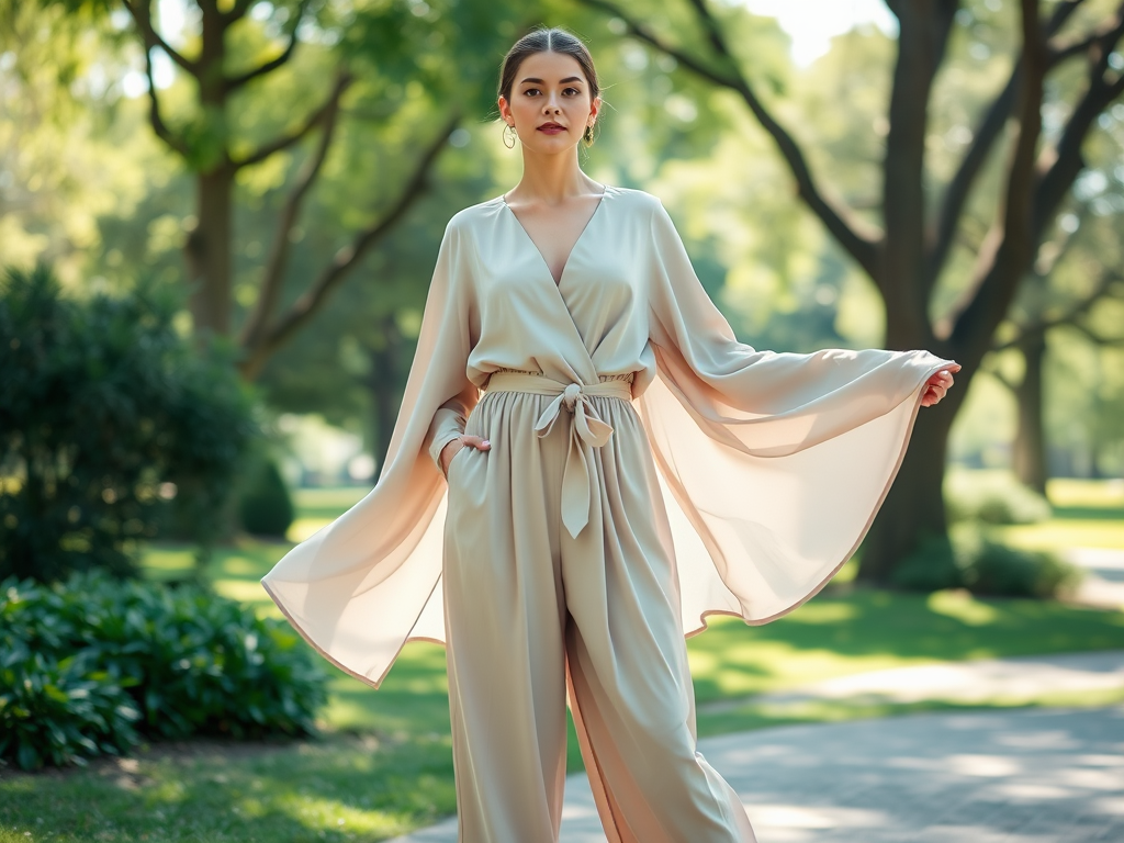 Een vrouw in een elegante, lichtkleurige outfit met wijde mouwen, poseert in een groene parksetting.