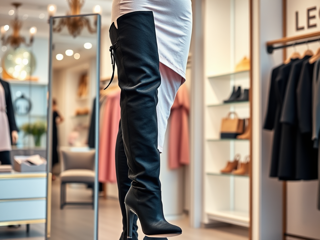 Een close-up van een vrouw die hoge laarzen draagt in een modieuze winkel. Achtergrond met kleding en accessoires.