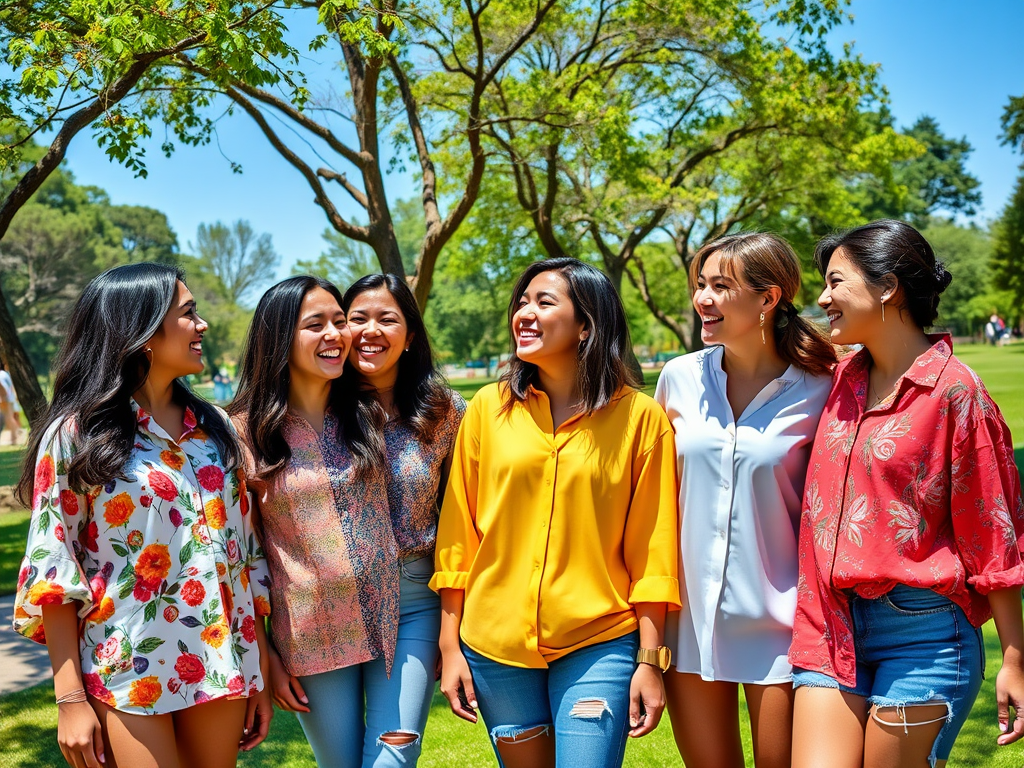 Zes vrouwen staan samen in een park, lachend en in kleurrijke shirts, onder groene bomen in de zon.