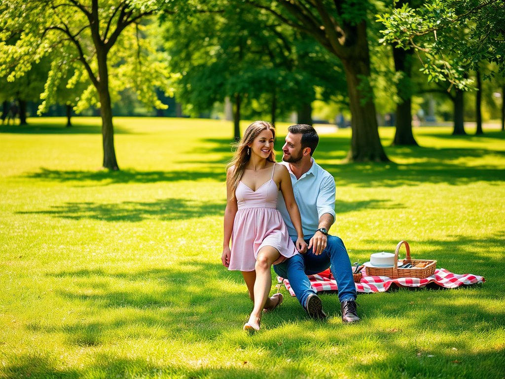 Een stel geniet van een picknick in het park, omringd door groene bomen en een zonnige sfeer.