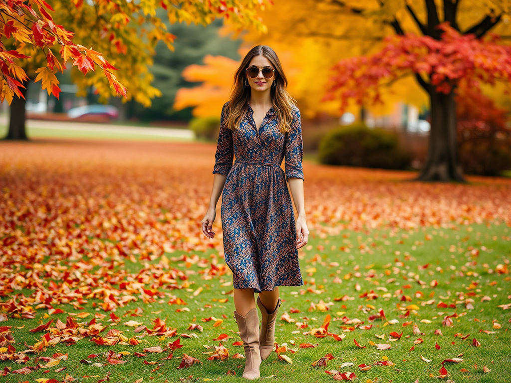 Een vrouw in een printjurk wandelt over een met bladeren bedekte grond in een herfstlandschap.