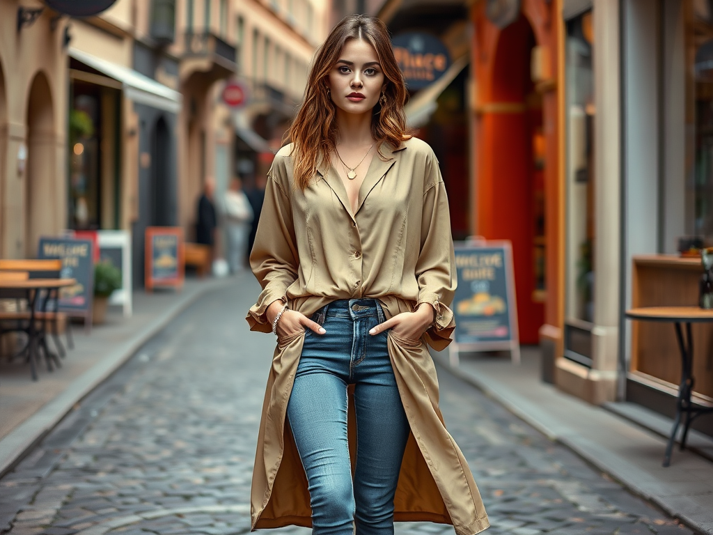 Een vrouw in een beige blouse en jeans wandelt door een straat met café's en terrassen.