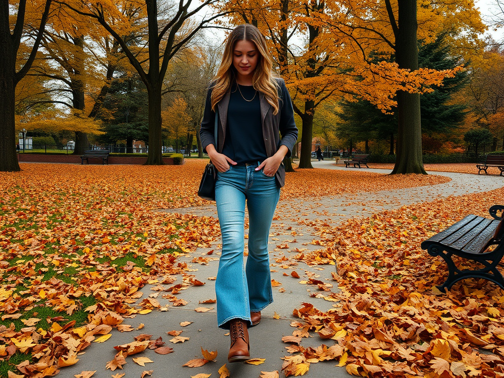 Een vrouw in een park met kleurrijke herfstbladeren, wandelend met een casual outfit en een tas.