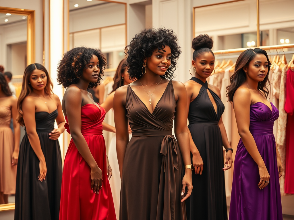 Zes vrouwen in elegante jurken poseren voor een spiegel in een modewinkel, elk met een unieke stijl en kleur.