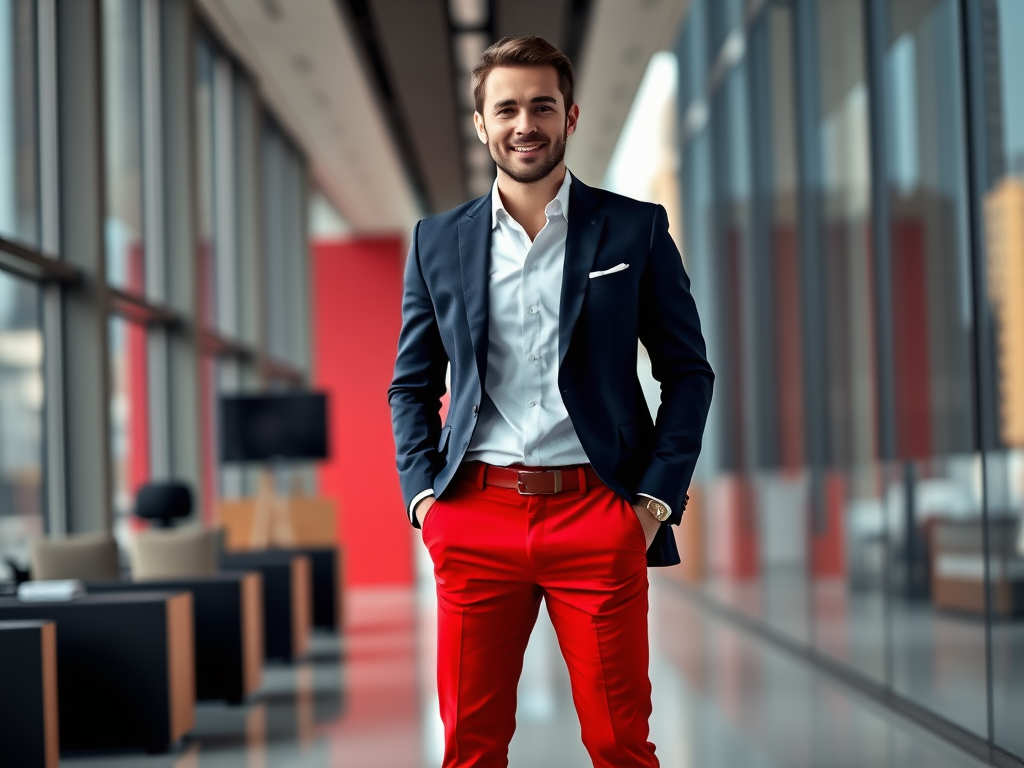 Een jonge man in een kostuum met een lichte blouse en een rode broek, staand in een moderne kantooromgeving.
