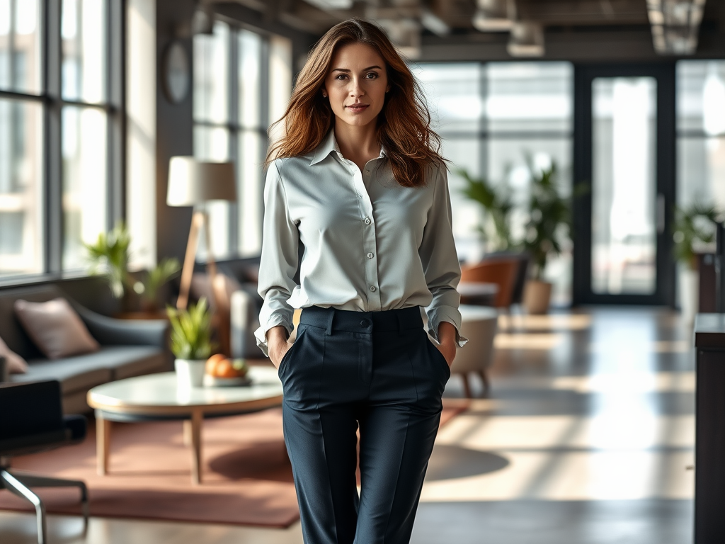 Een vrouw in een lichtblouse en donkere broek staat in een moderne kantooromgeving met veel ramen en planten.