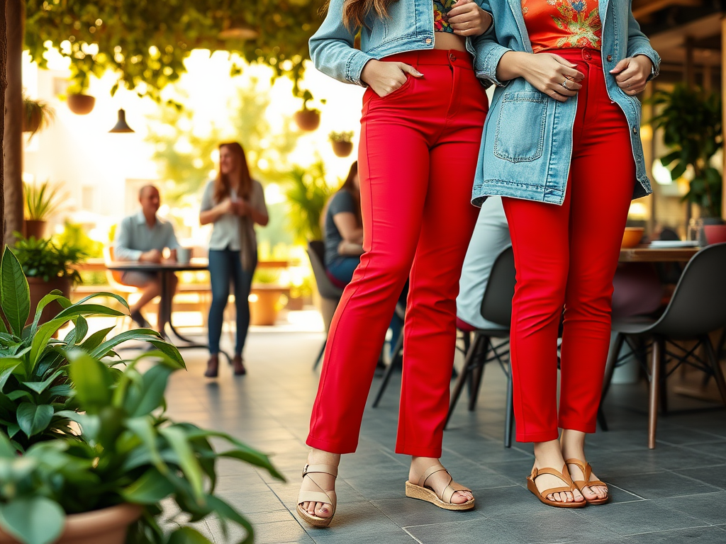 Twee vrouwen in rode broeken staan in een moderne eetgelegenheid, omringd door planten en andere gasten.